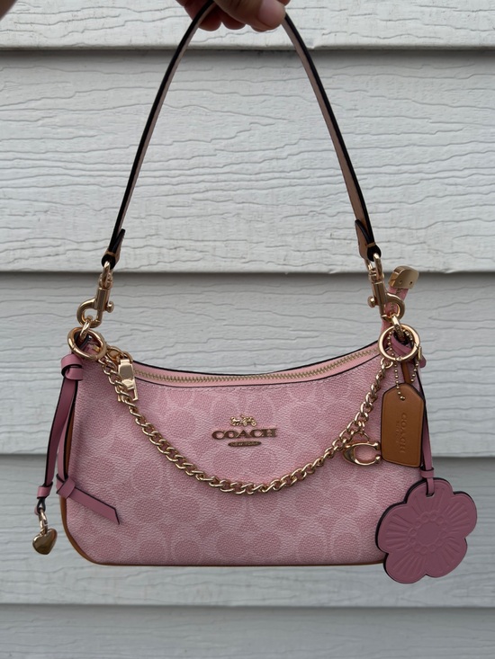 Coach Handbags - COACH Pink Teri Charm Signature Chain Shoulder Bag with Floral Charm